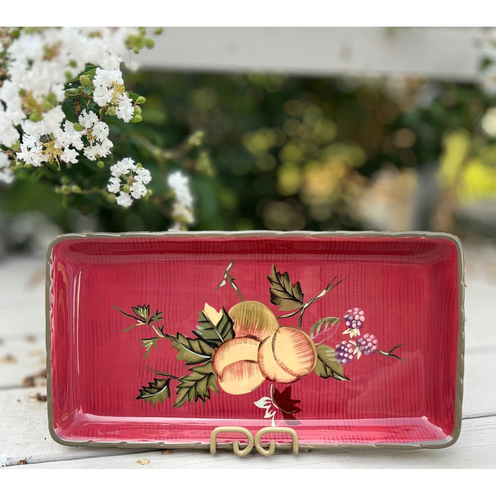 Tracy Porter Octavia Hill Garden Rectangular Serving Tray Red Peach Berry 14in
